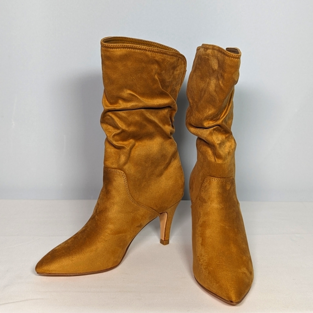 NEW Womens Mid Calf Slouch Heeled Pointy Toe Boot Sz 6.5 tan